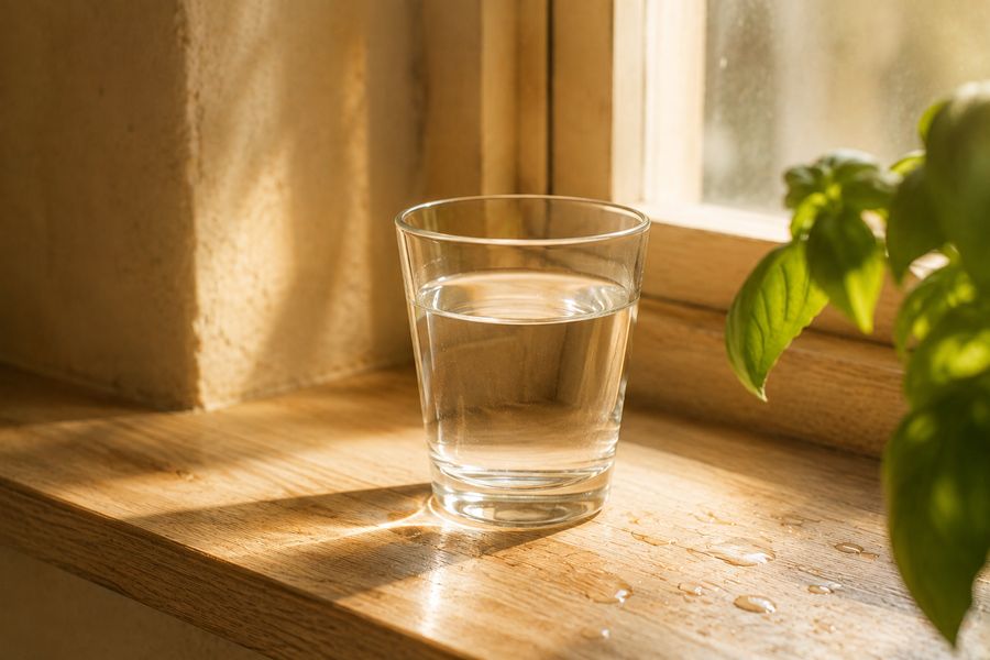 Стакан воды на подоконнике в утреннем свете