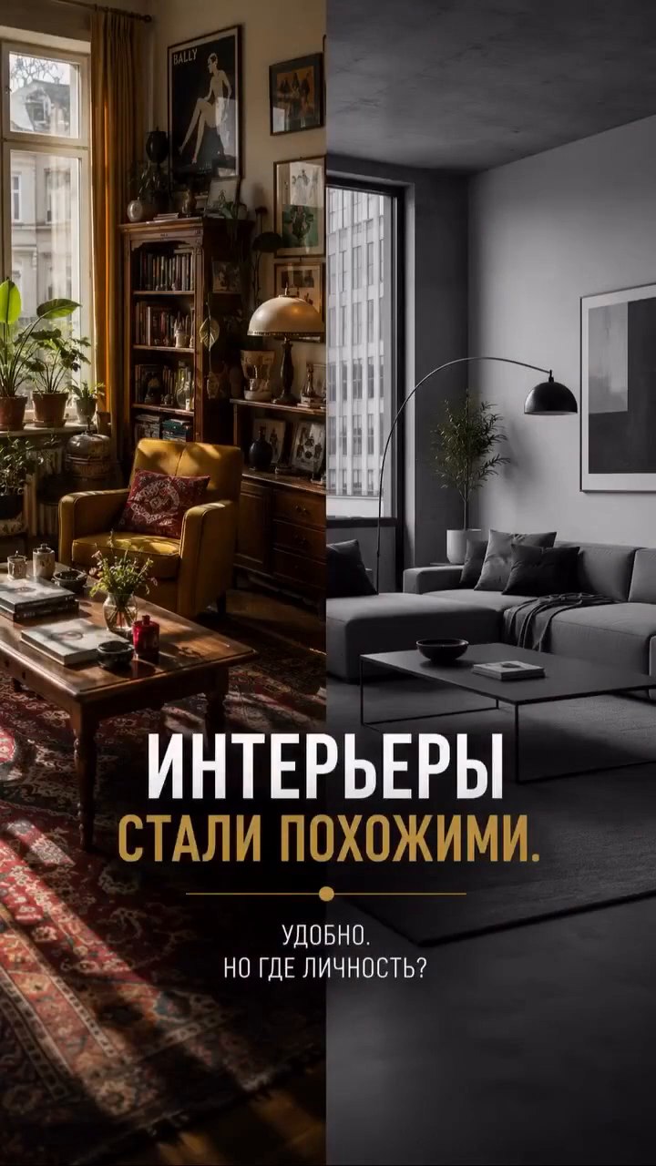 Две гостиные рядом: тёплая с книгами и коврами — и серая, где ничего своего